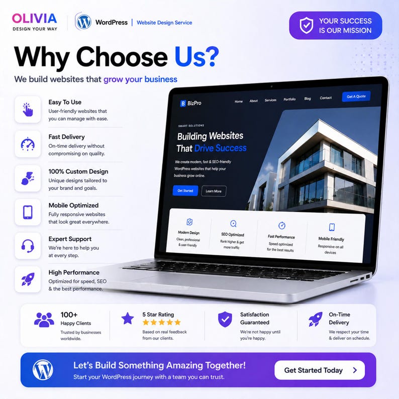 Może przedstawiać: Laptop wyświetla reklamę usługi projektowania stron internetowych. Ekran pokazuje stronę internetową z tekstem "Building Websites That Drive Success". Reklama podkreśla funkcje takie jak niestandardowy projekt, optymalizacja mobilna i wsparcie ekspert&oacute;w. Tekst "Why Choose Us?" jest widoczny.