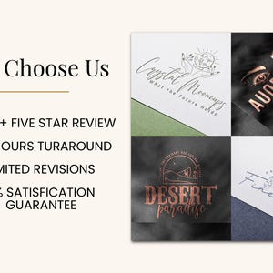 Pu&ograve; includere: Una grafica con il testo Why Choose Us seguito da 2.5K+ FIVE STAR REVIEW, 24 HOURS TURAROUND, UNLIMITED REVISIONS e 100% SATISFICATION GUARANTEE. Sono mostrati quattro design di loghi, tra cui Crystal Mooncups, Auora Lash Studio, Desert Paradise e Fine Art Photography.