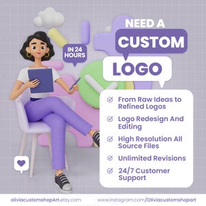 Pu&ograve; includere: Un'illustrazione 3D di una persona seduta su una sedia che tiene in mano un tablet e una penna. Il testo recita: NEED A CUSTOM LOGO, IN 24 HOURS, From Raw Ideas to Refined Logos, Logo Redesign And Editing, High Resolution All Source Files, Unlimited Revisions, 24/7 Customer Support.