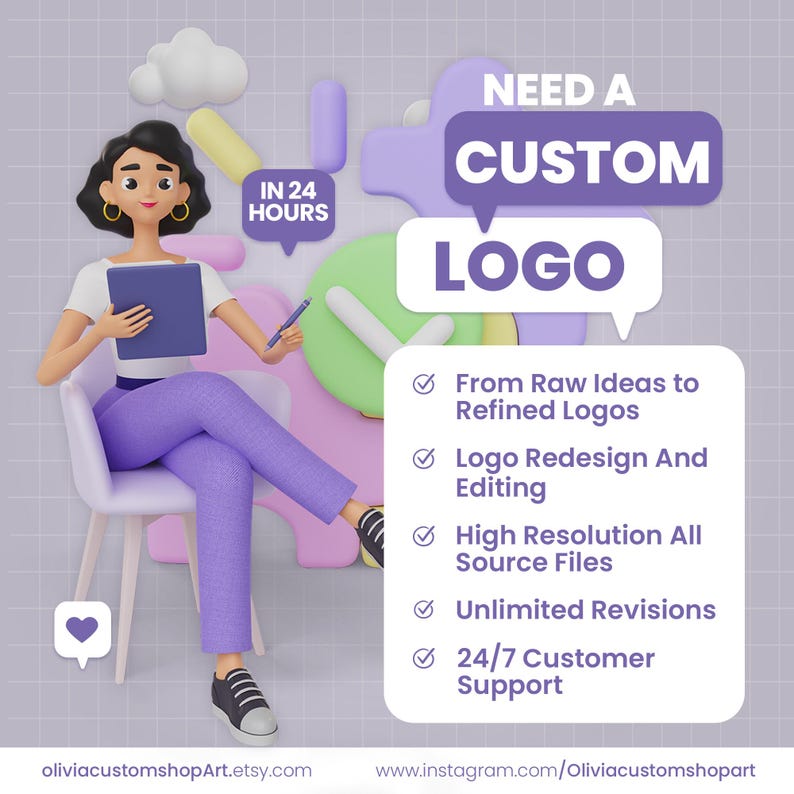 Pu&ograve; includere: Un'illustrazione 3D di una persona seduta su una sedia che tiene in mano un tablet e una penna. Il testo recita: NEED A CUSTOM LOGO, IN 24 HOURS, From Raw Ideas to Refined Logos, Logo Redesign And Editing, High Resolution All Source Files, Unlimited Revisions, 24/7 Customer Support.