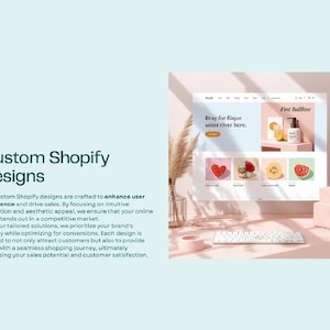 May include: A computer monitor displays a website design with the text "Bray for fiique unter river here" and "Fint Ballline." The image includes a keyboard, decorative items, and the words "Custom Shopify Designs."