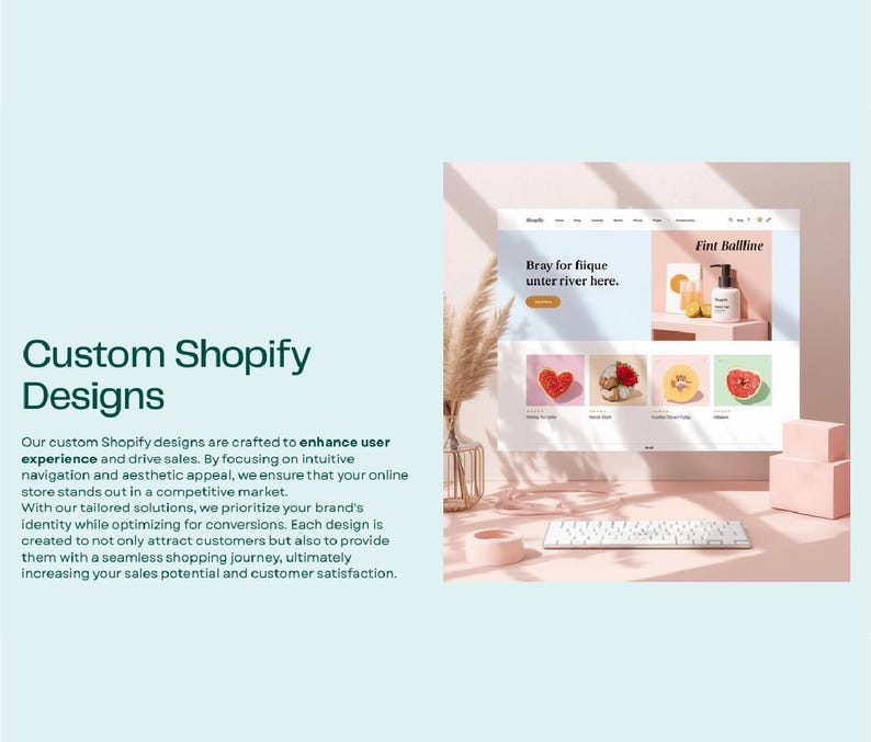 May include: A computer monitor displays a website design with the text "Bray for fiique unter river here" and "Fint Ballline." The image includes a keyboard, decorative items, and the words "Custom Shopify Designs."