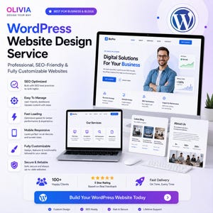 Może przedstawiać: Obraz promocyjny dla usługi projektowania stron internetowych WordPress. Obraz zawiera laptopa, komputer stacjonarny i kilka kart informacyjnych. Tekst zawiera "WordPress Website Design Service" i "Digital Solutions For Your Business."