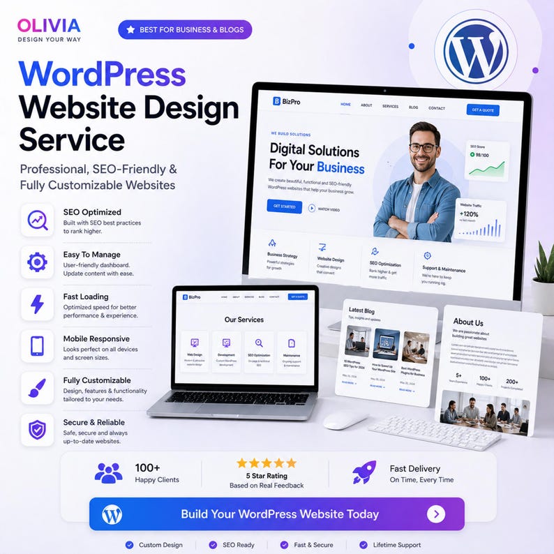 Może przedstawiać: Obraz promocyjny dla usługi projektowania stron internetowych WordPress. Obraz zawiera laptopa, komputer stacjonarny i kilka kart informacyjnych. Tekst zawiera "WordPress Website Design Service" i "Digital Solutions For Your Business."
