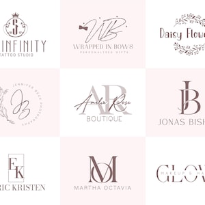 May include: A collection of nine distinct logo designs arranged in a grid. The logos feature various typography styles, including serif and script fonts, combined with graphic elements like crowns, floral wreaths, and monograms in a muted mauve color.