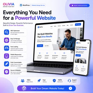 Może przedstawiać: Laptop i smartfon prezentują reklamę usługi projektowania stron internetowych. Reklama podkreśla takie funkcje jak optymalizacja SEO, szybkie ładowanie i responsywność mobilna. Tekst brzmi: "Wszystko, czego potrzebujesz do potężnej strony internetowej."