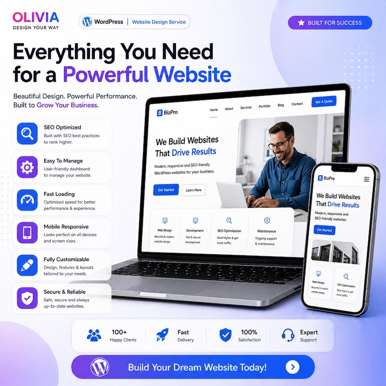 Może przedstawiać: Laptop i smartfon prezentują reklamę usługi projektowania stron internetowych. Reklama podkreśla takie funkcje jak optymalizacja SEO, szybkie ładowanie i responsywność mobilna. Tekst brzmi: "Wszystko, czego potrzebujesz do potężnej strony internetowej."