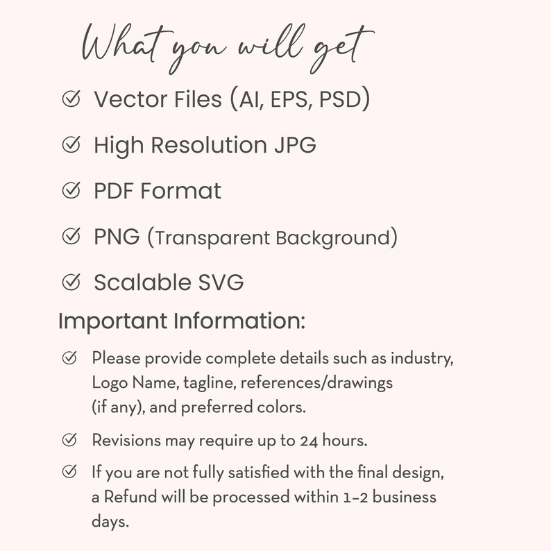 Pu&ograve; includere: Un grafico informativo digitale con testo scuro su sfondo chiaro. Elenca i formati di file tra cui Vector Files (AI, EPS, PSD), High Resolution JPG, PDF, PNG con sfondo trasparente e Scalable SVG, oltre alle istruzioni per il design del logo.