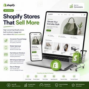 Op de afbeelding: Een promotieafbeelding voor Shopify-winkels. Een laptop en smartphone tonen een website met een groene handtas. De tekst luidt "Shopify Stores That Sell More". Een winkelwagentje en een groene boodschappentas met de letter "S" zijn ook aanwezig. De afbeelding promoot e-commerce-oplossingen.
