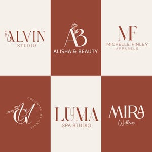 May include: A grid of six logo designs featuring white and dark red text on alternating backgrounds. Logos include The Alvin Studio, Alisha & Beauty with a flower icon, Michelle Finley Apparels, Grooming by Grace, Luma Spa Studio, and Mira Wellness.