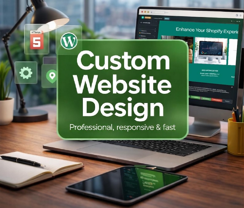May include: A laptop, tablet, and desktop computer are on a wooden desk. The laptop is open, and the desktop displays a website. A green sign reads "Custom Website Design, Professional, responsive & fast."