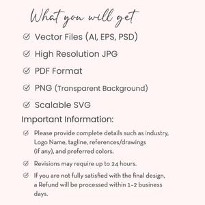 May include: A digital information graphic with a light pink background and dark text. It lists file formats including Vector Files (AI, EPS, PSD), High Resolution JPG, PDF, PNG with transparent background, and SVG. It also includes instructions.