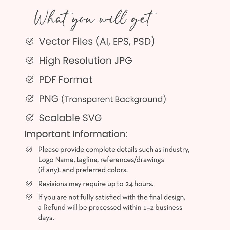 May include: A digital information graphic with a light pink background and dark text. It lists file formats including Vector Files (AI, EPS, PSD), High Resolution JPG, PDF, PNG with transparent background, and SVG. It also includes instructions.