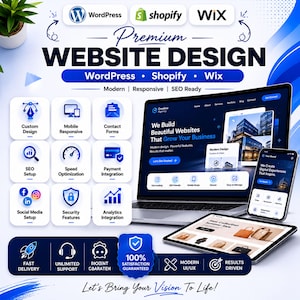 May include: A digital marketing graphic for premium website design services featuring WordPress, Shopify, and Wix logos. The layout displays a laptop, tablet, and smartphone showing web interfaces, alongside icons for custom design and SEO setup.