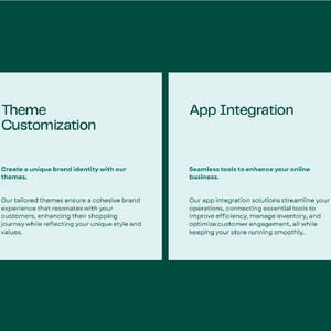 May include: Two light teal rectangular panels on a dark teal background. The left panel has the text "Theme Customization" and descriptive text below. The right panel has the text "App Integration" and descriptive text below.