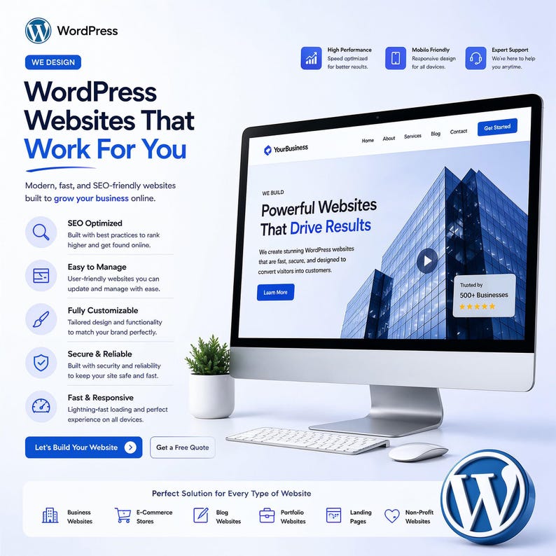 Może przedstawiać: Monitor komputera wyświetla projekt strony internetowej z tekstem "WordPress Websites That Work For You". Obraz zawiera ikony i tekst podkreślający funkcje, takie jak optymalizacja SEO, łatwość zarządzania i szybka wydajność. Mała roślina i klawiatura znajdują się z przodu.