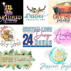Pu&ograve; includere: Una collezione di otto distinti design di loghi grafici con vari temi, tra cui un noleggio di cabine fotografiche, arte floreale, un paesaggio desertico, illustrazioni di animali domestici, un servizio di design personalizzato in 24 ore, una cornice geometrica rosa, fogliame tropicale e cristalli.