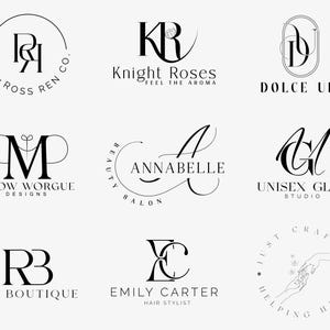May include: Nine minimalist black logos on a white background, showcasing initials and brand names. The designs feature elegant typography, with some enclosed in circles or ovals. Text includes: Ross Ren Co., Knight Roses, Dolce UK, Show Worgue Designs, Annabelle Salon, Unisex Glam Studio, Rim Boutique, Emily Carter Hair Stylist, and Just Crafting Hand.