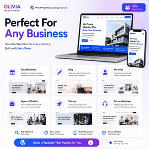 Może przedstawiać: Grafika reklamowa dla usług projektowania stron internetowych WordPress. Obraz przedstawia laptopa i smartfona wyświetlające makiety stron internetowych, z ikonami reprezentującymi r&oacute;żne typy działalności. Tekst zawiera "Idealny dla każdego biznesu".