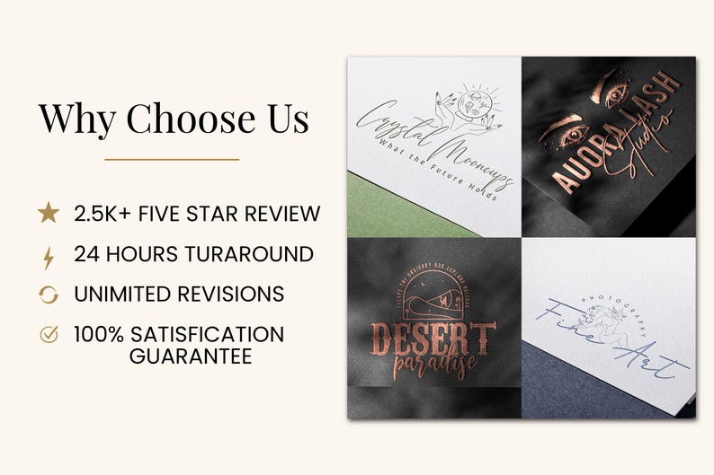 May include: A promotional graphic titled Why Choose Us featuring four distinct logo designs. The text lists 2.5K+ FIVE STAR REVIEW, 24 HOURS TURAROUND, UNLIMITED REVISIONS, and 100% SATISFICATION GUARANTEE alongside icons of a star, lightning bolt, and arrows.