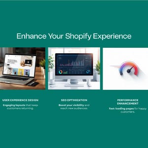 May include: An image with the text "Enhance Your Shopify Experience." It features a laptop displaying a website, a computer monitor with data charts, and a speedometer graphic. The text below the images reads "User Experience Design," "SEO Optimization," and "Performance Enhancement."