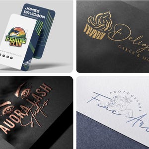 Pu&ograve; includere: Una collezione di quattro design di biglietti da visita con un logo di un club di pesca, un logo di un cupcake dorato per Delights Cakes & More, un logo di un occhio in oro rosa per Auora Lash Studio e un logo a linee blu per Fine Art Photography.