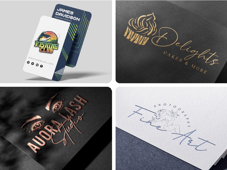 Pu&ograve; includere: Una collezione di quattro design di biglietti da visita con un logo di un club di pesca, un logo di un cupcake dorato per Delights Cakes & More, un logo di un occhio in oro rosa per Auora Lash Studio e un logo a linee blu per Fine Art Photography.