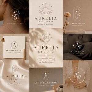 May include: A collection of logos featuring the text "Aurelia Studio" in various elegant designs. The logos incorporate botanical elements, such as leaves and branches, and are presented in a neutral color palette, suitable for branding and design.