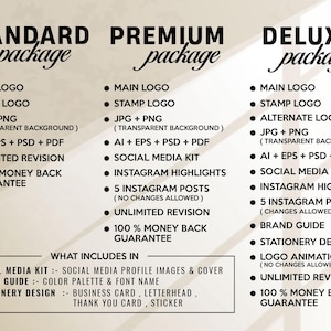 May include: A graphic chart detailing three service tiers: Standard, Premium, and Deluxe packages. Each column lists specific deliverables like main logo, stamp logo, file formats, social media kits, and revision policies, with a summary box below.