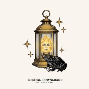 May include: A digital illustration of a dark-toned toad sitting in front of a brass-coloured lantern. Inside the lantern, a glowing flame features a human face with a calm expression. Four-pointed stars surround the lantern, and the text reads DIGITAL DOWNLOAD 300 DPI + PNG.