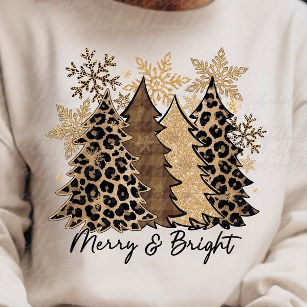 Christmas Tree Png Merry and Bright Leopard Christmas Trees Png gold snowflakes buffalo plaid sublimation designs instant digital download