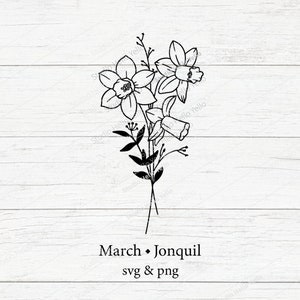 Svg de bouquet de fleurs de mois de naissance | Jonquille de mars | Fleur Svg Floral Mois de naissance Fleur Naissance Bouquet de fleurs cadeaux fleurs tatouage Svg Png