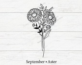Birth Month Flower Bouquet Svg | September Aster | Flower Svg Floral Svg Birth Month Flower Birth flower Bouquet flowers tattoo Svg Png