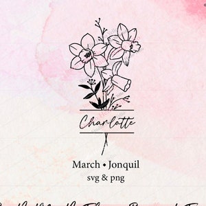 Bouquet de fleurs mois de naissance cadre SVG PNG | Jonquille de mars | Fleur Svg Floral Mois de Naissance Fleur Fleur de Naissance Bouquet de fleurs Svg Png