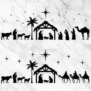 Peut inclure: Silhouette noire d'une scène de la Nativité avec une étable, un palmier, des étoiles et des personnages de Marie, Joseph, l'enfant Jésus et les Rois Mages. Comprend des animaux comme une vache, des moutons et un chameau. Thème religieux de Noël.