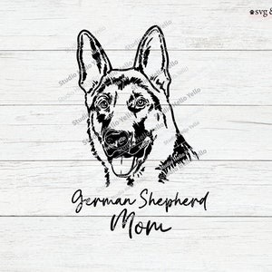 May include: Black and white line art illustration of a German Shepherd dog's head with its tongue sticking out. The text "German Shepherd Mom" is below the image.