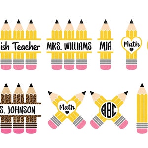 Pencil Name Frame Svg Bundle, Pencil Svg Bundle, Pencil Split Monogram, Teacher Svg, School Svg, Leopard, heart, Cricut,Silhouette,Glowforge