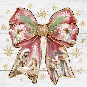 May include: A watercolor Christmas bow with a burgundy and gold design. The bow features illustrations of angels, the nativity scene, and the three wise men. Gold snowflakes and accents complete the festive look.