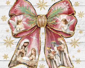 Nativity Scene Christmas Coquette Bow Png, Christian Christmas Png, Baby Jesus Mary Joseph Wise Men Bible Verse Glitter Pink Christmas Png