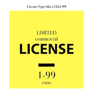 May include: Yellow square with black text that reads "LIMITED commercial LICENSE" with a black line under the word "LICENSE" and the text "1-99 UNITS" below the line.