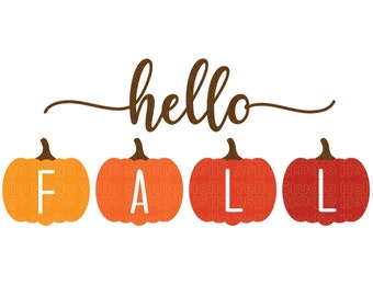 Könnte beinhalten: Eine Grafik mit dem Text "hello fall" in brauner Schrift. Der Text ist umgeben von vier orangefarbenen, roten und gelben Kürbissen mit den Buchstaben F, A, L und L in Weiß.