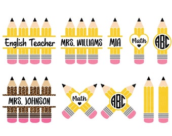 Pencil Name Frame Svg Bundle, Pencil Svg Bundle, Pencil Split Monogram, Teacher Svg, School Svg, Leopard, heart, Cricut,Silhouette,Glowforge