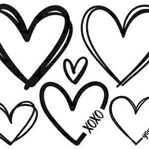 Puede incluir: Cinco corazones negros dibujados a mano, cada uno con un estilo diferente. Un coraz&oacute;n tiene el texto "XOXO" dentro, y otro tiene el texto "_your text_" dentro.