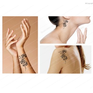 May include: Three black and white floral temporary tattoos on different parts of the body. The tattoos are of a simple floral design with delicate lines.