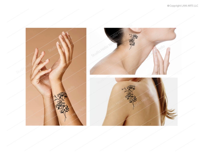 May include: Three black and white floral temporary tattoos on different parts of the body. The tattoos are of a simple floral design with delicate lines.