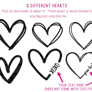 Puede incluir: Seis formas de coraz&oacute;n negras diferentes, cada una de aproximadamente 9 pulgadas de tama&ntilde;o. Los corazones est&aacute;n dibujados a mano con diferentes grosores de l&iacute;nea. El texto "XOXO" y "tu texto" est&aacute;n incluidos en dos de los corazones.