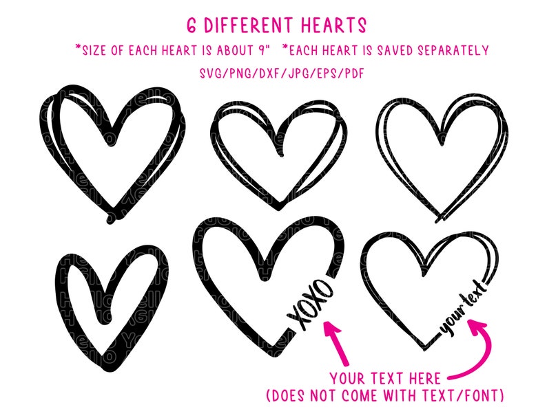 Puede incluir: Seis formas de coraz&oacute;n negras diferentes, cada una de aproximadamente 9 pulgadas de tama&ntilde;o. Los corazones est&aacute;n dibujados a mano con diferentes grosores de l&iacute;nea. El texto "XOXO" y "tu texto" est&aacute;n incluidos en dos de los corazones.