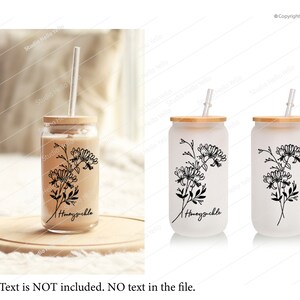 May include: Two frosted glass tumblers with bamboo lids and straws. Each tumbler features a black line drawing of honeysuckle flowers. The text "Honeysuckle" is written in cursive below the flowers.