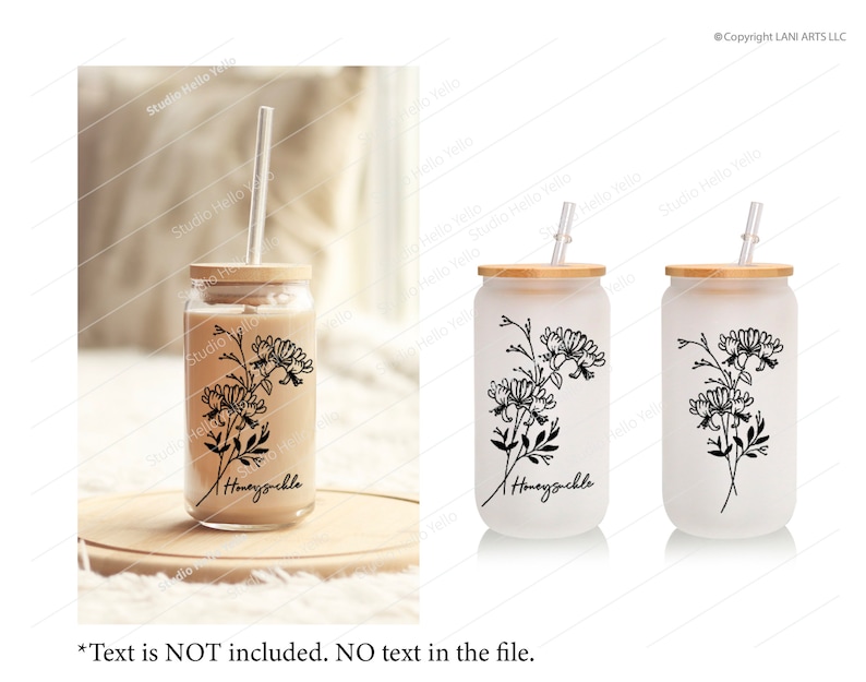 May include: Two frosted glass tumblers with bamboo lids and straws. Each tumbler features a black line drawing of honeysuckle flowers. The text "Honeysuckle" is written in cursive below the flowers.