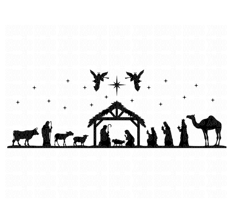May include: Black and white silhouette illustration of the nativity scene with a star, angels, a manger, a cow, a donkey, sheep, and three wise men.